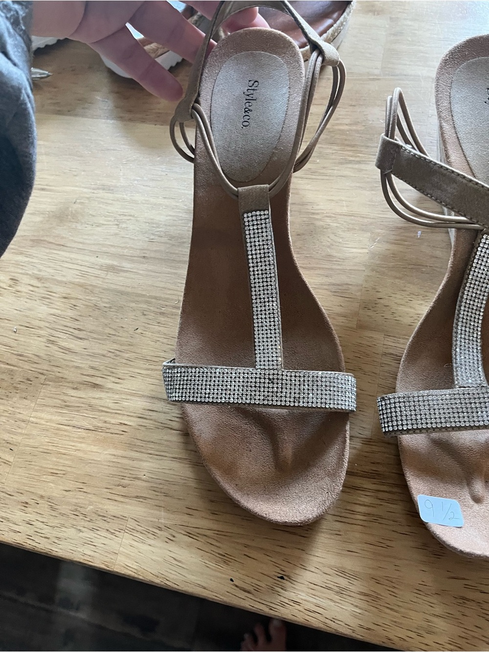Style & Co. Tan Rhinestone T-Strap Sandals
